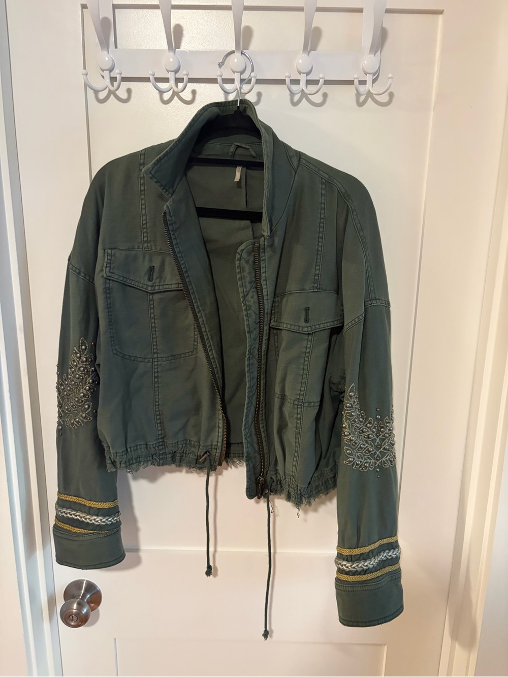 Free People Olive Green Embroidered Drawstring Utility Jacket